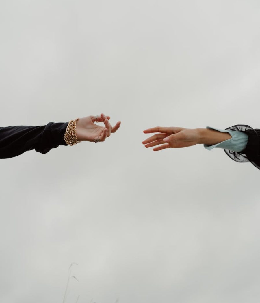 Two hands reaching out against a grey sky, symbolizing connection and emotion.